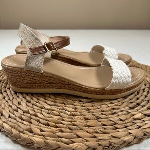 Women's Woven White and Tan Wedge Sandals